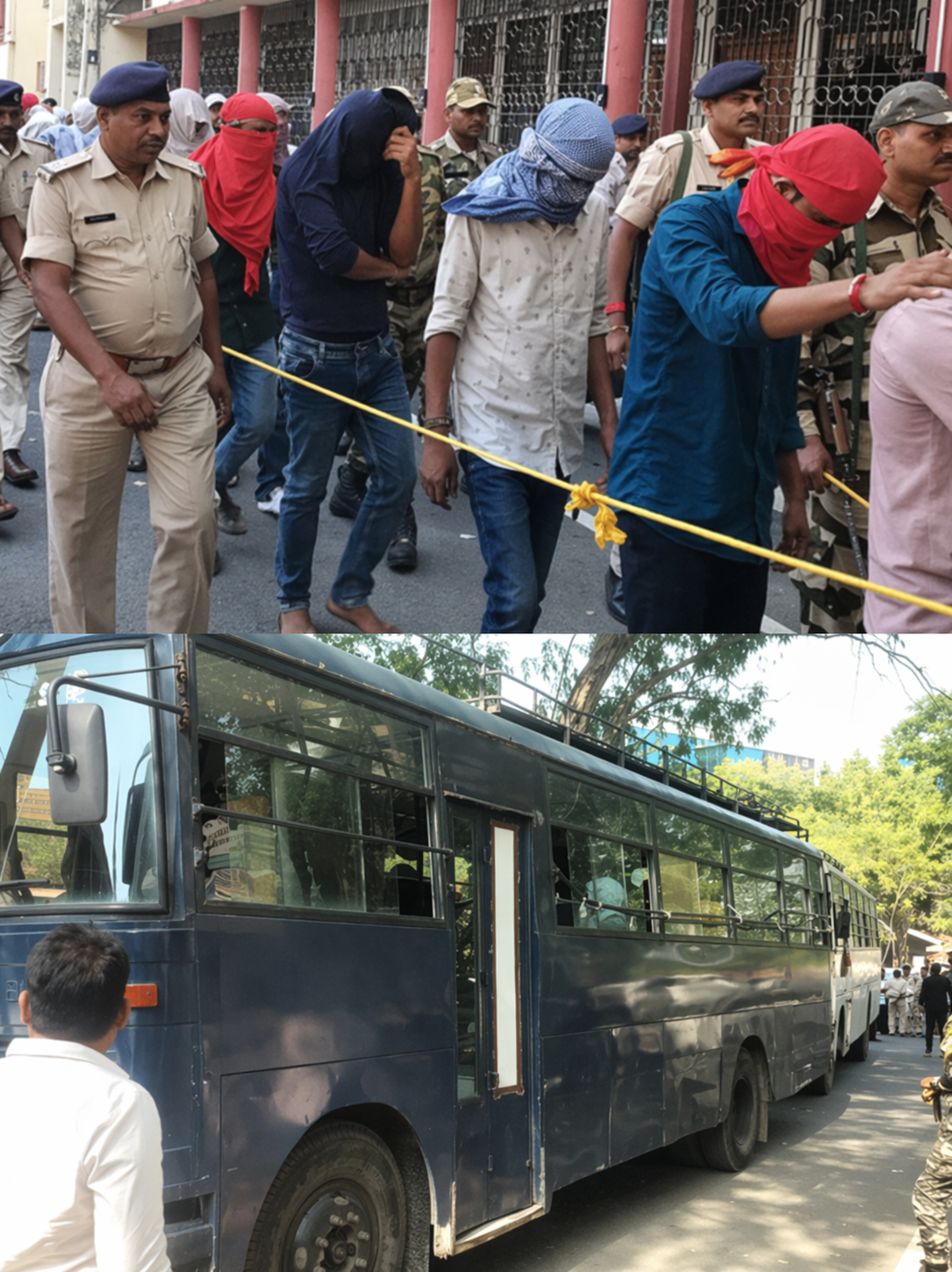 Police procession and transport buses scene